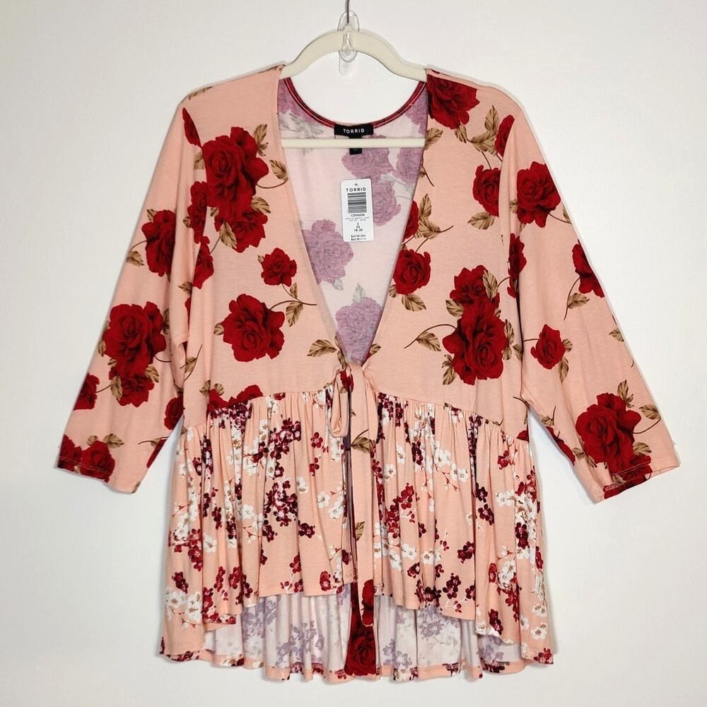 Torrid Rose Print Tie Front Babydoll Top Cardigan Pink Red‎ 2 18/20W